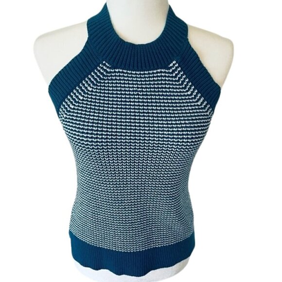 💙 LOFT Teal & White Halter Sweater Tank – Sleeveless, Size XS - Picture 1 of 11